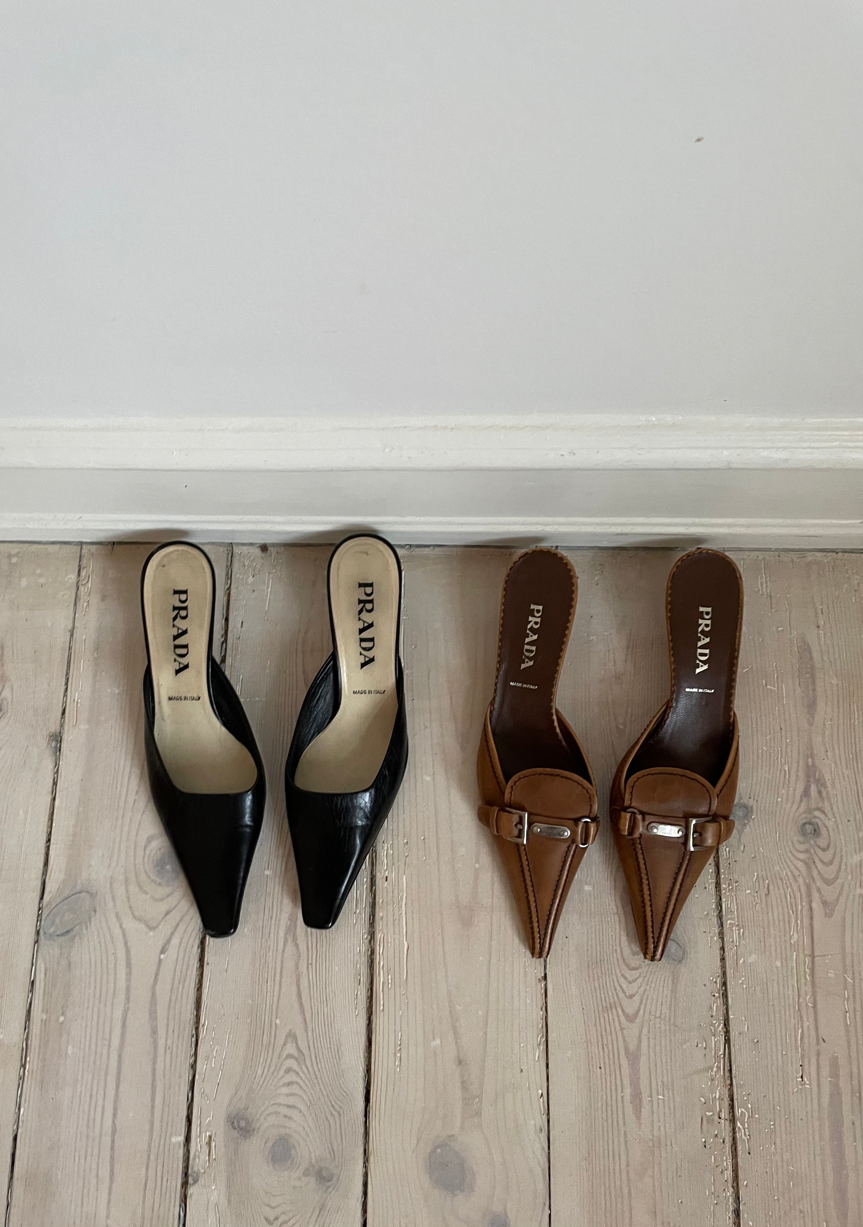 Prada buckle kitten heels. Vintage Prada heels with a pointed toe in a tan color with silver details.