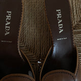 Prada buckle kitten heels. Vintage Prada heels with a pointed toe in a tan color with silver details.