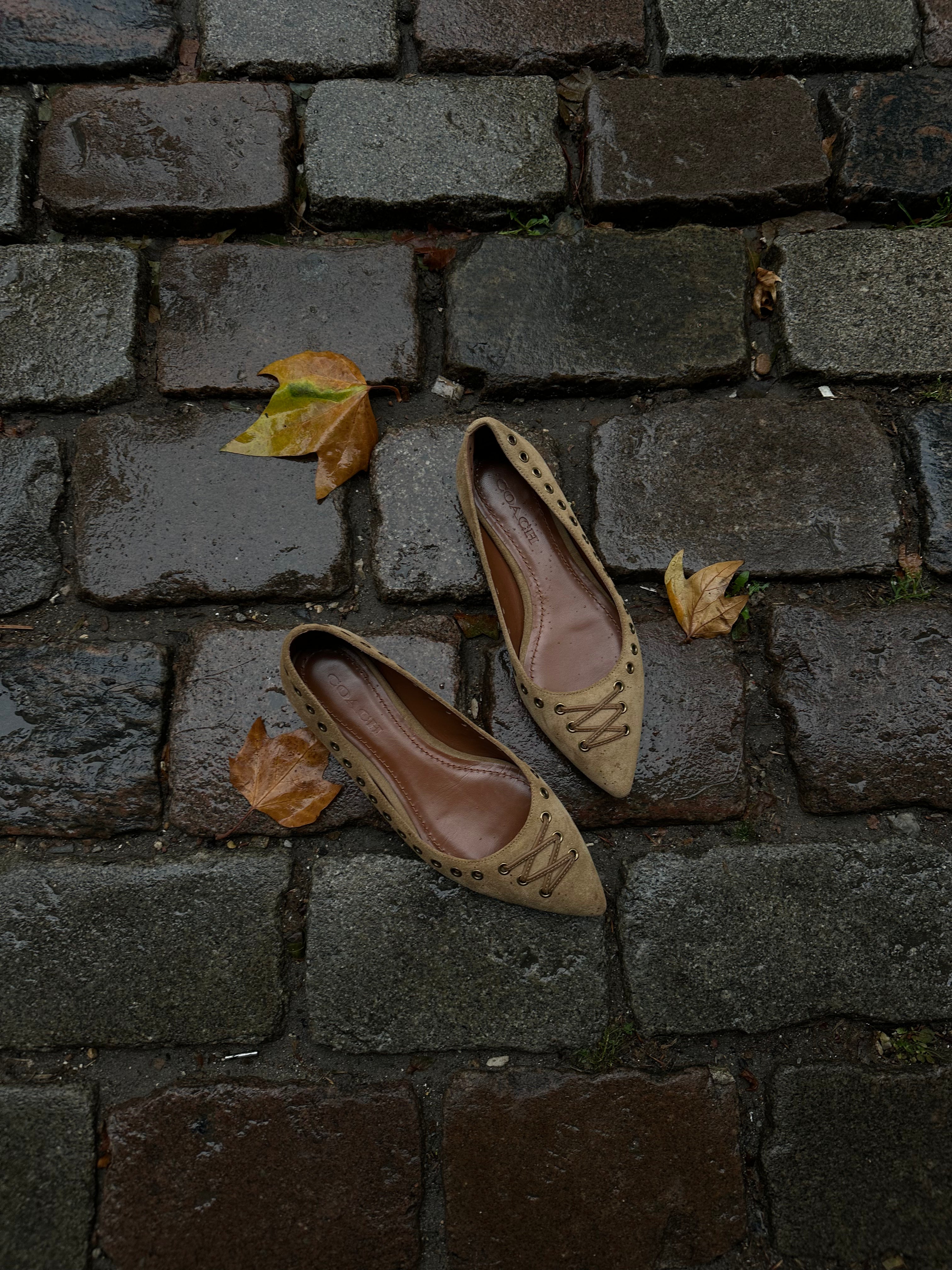 These vintage Coach ballet flats feature a pointed toe, lace-up details, and gold-tone eyelets along the edges. Crafted from beige suede with a smooth leather lining.