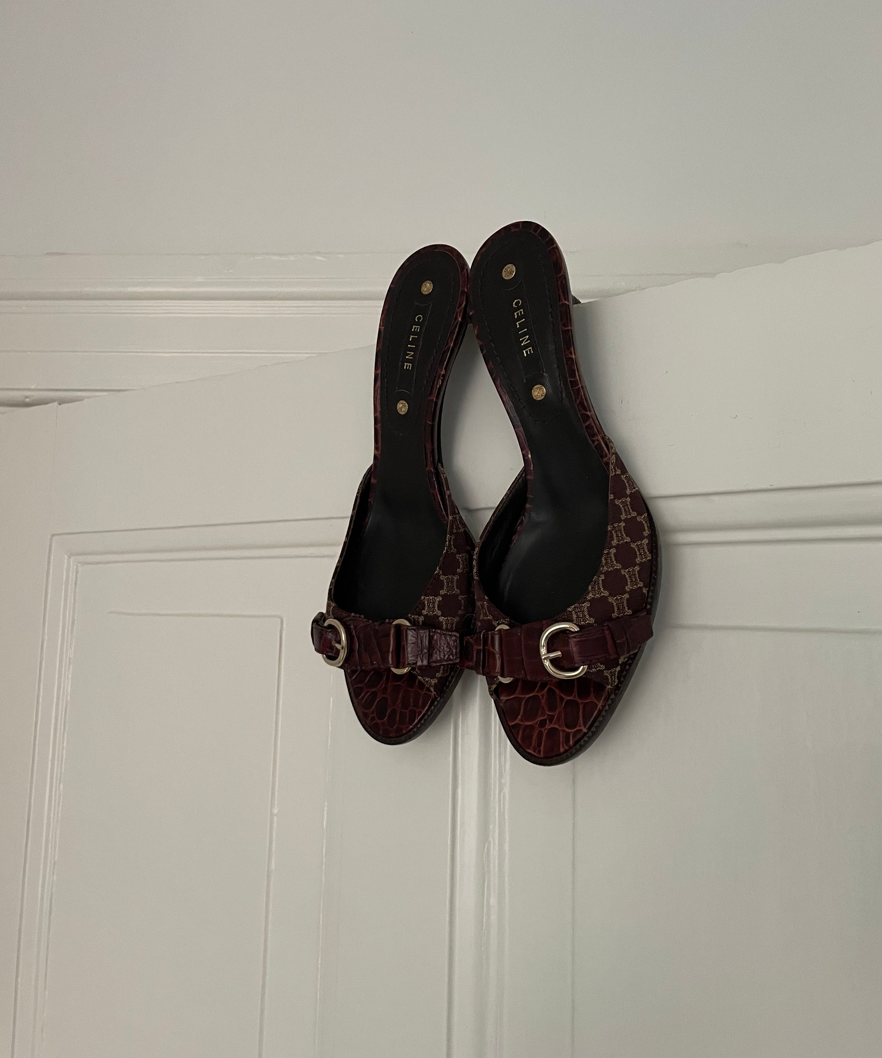 Cute Celine leather mules with a brown canvas and croc-embossed leather details.