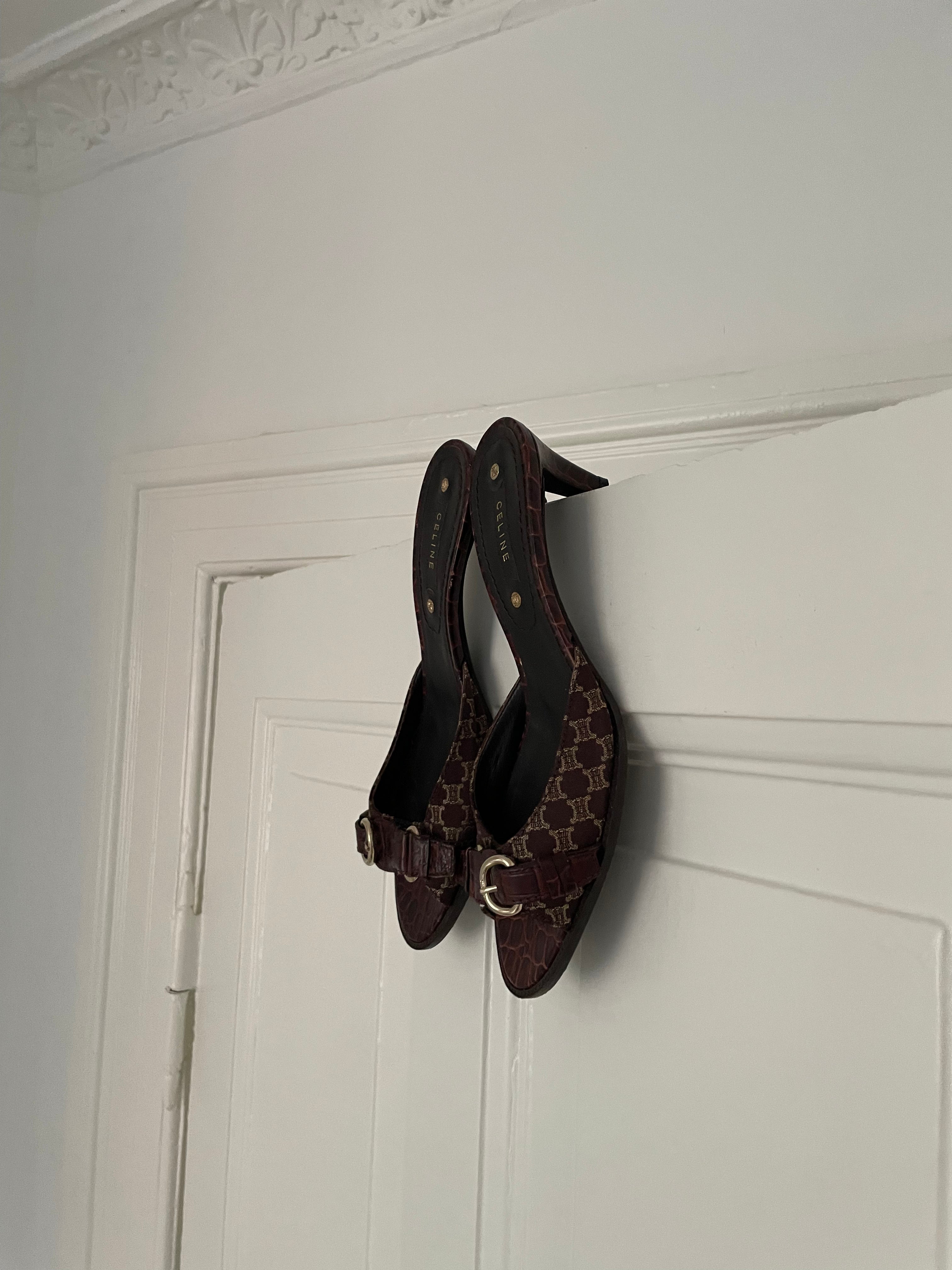 Cute Celine leather mules with a brown canvas and croc-embossed leather details.