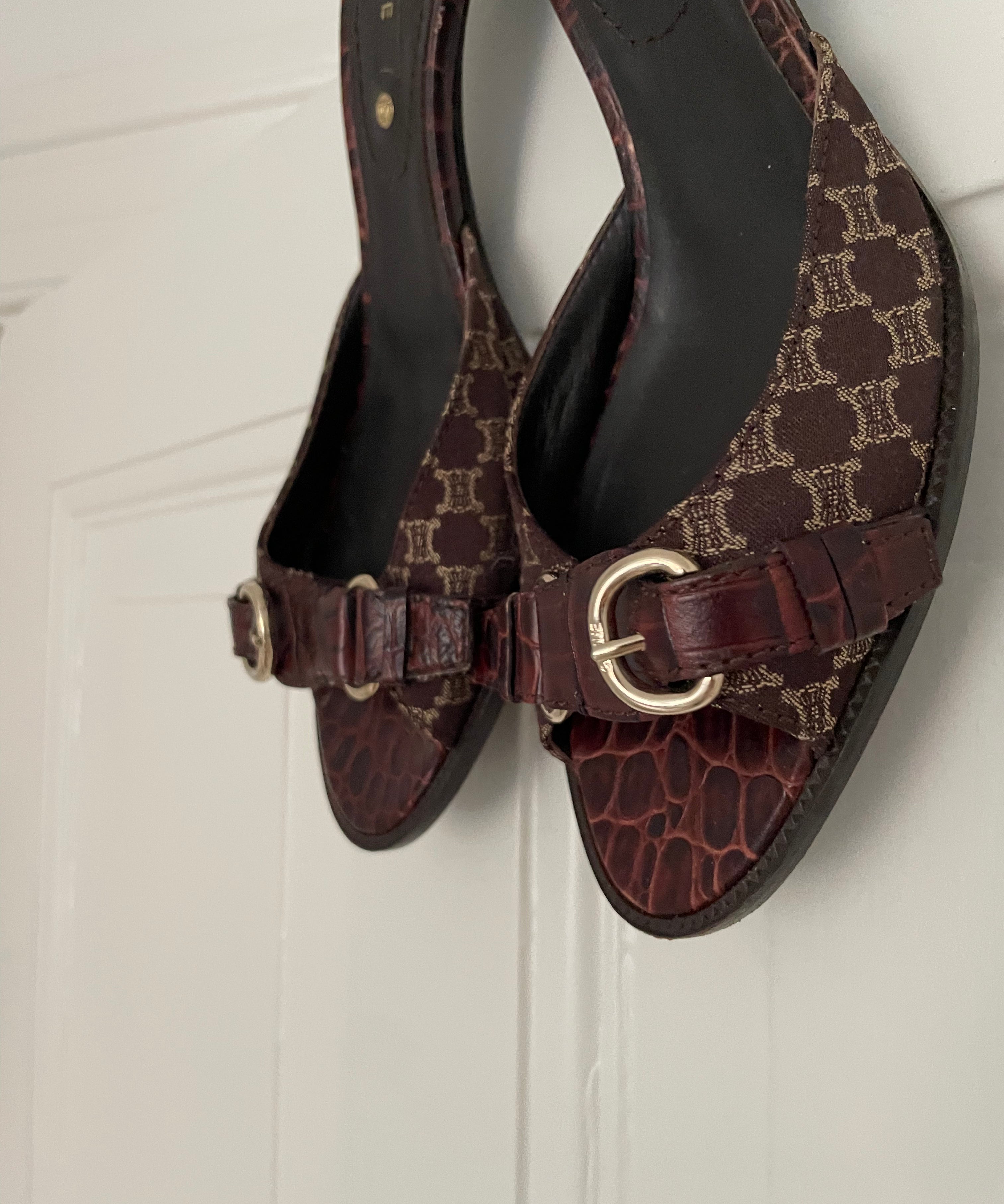 Cute Celine leather mules with a brown canvas and croc-embossed leather details.