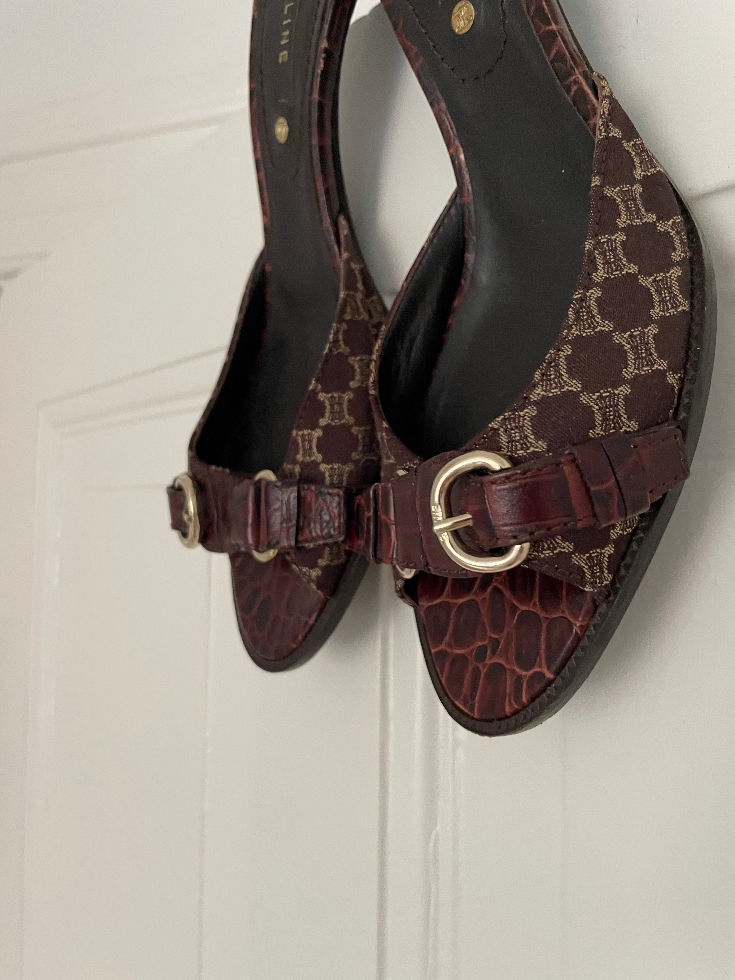 Cute Celine leather mules with a brown canvas and croc-embossed leather details.