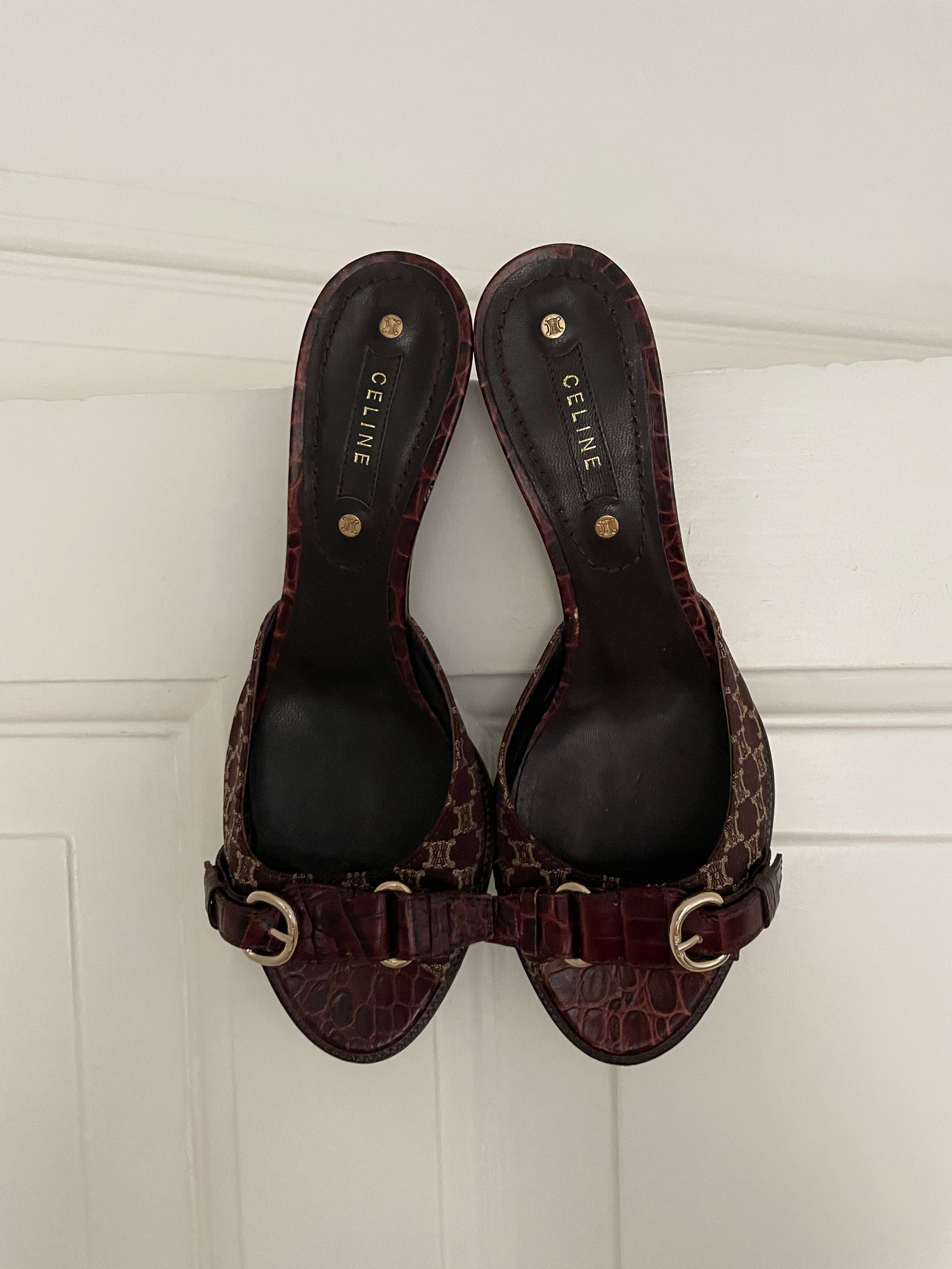 Cute Celine leather mules with a brown canvas and croc-embossed leather details.